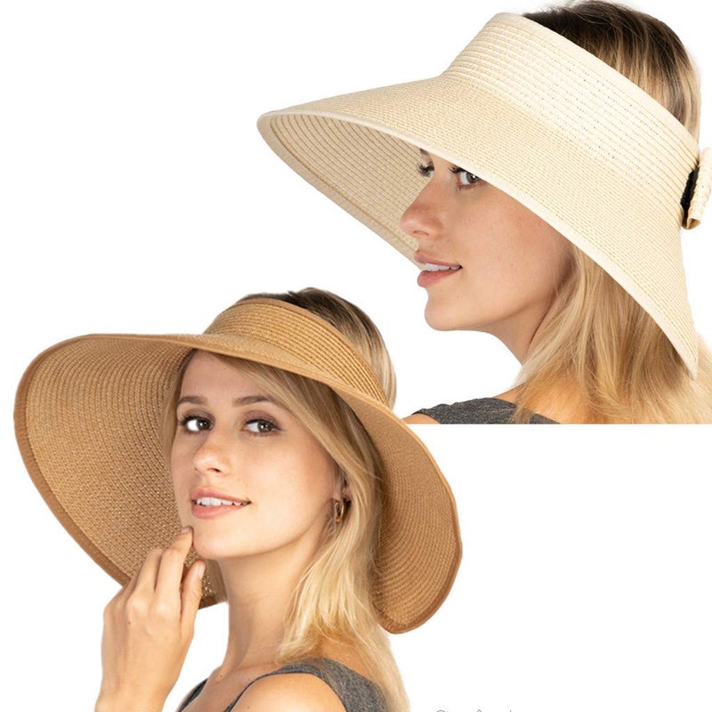 FENELY Women's Sun Visors Foldable Straw Hats Summer Beach Packable Hat Floppy Wide Brim Cap Cute Bowtie Big Heads (Khaki+Beige) - Image 1